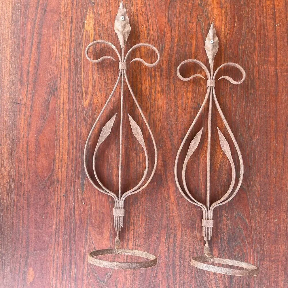Antique Spanish Handmade Wrought Iron Pot Hanger Wall Sconces Pair 18